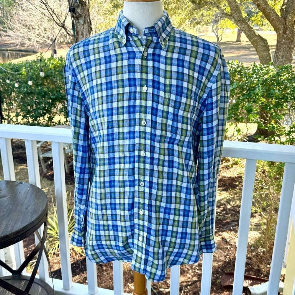 Gitman Brothers plaid Linen Long Sleeve Shirt. Size Large.